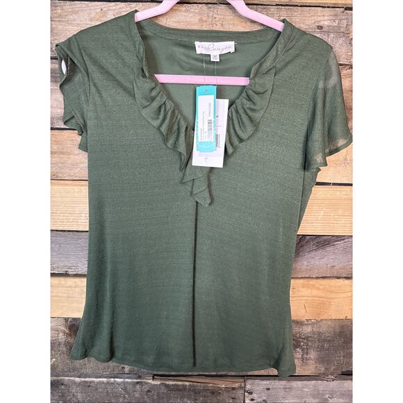 Brea Canyon Letiticia Ruffle V Neck Knit Top, Olive, Medium - Picture 1 of 5